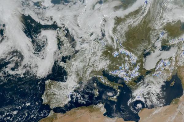 Lightning imager European map with dots representing lightning strikes